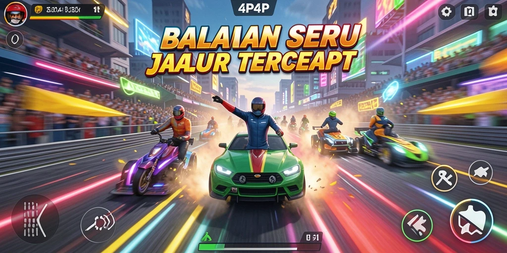 Screenshot gameplay 4P4P menampilkan adu balap yang mendebarkan.