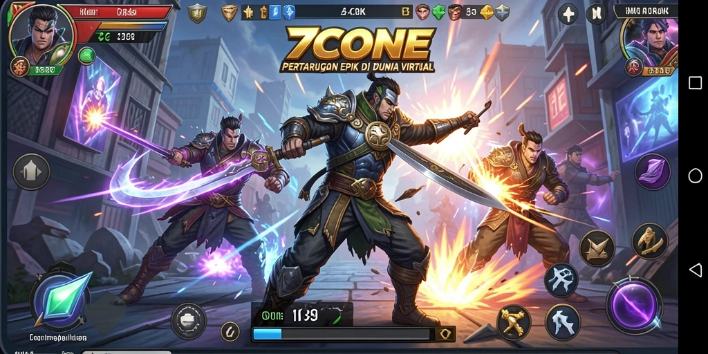 Tangkapan layar <strong>7CONE</strong> menunjukkan pertarungan yang mendebarkan antara karakter di arena.