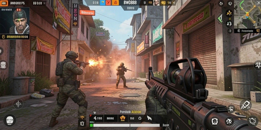 Tampilan mendebarkan dari gameplay FPS BWO888 yang intens.
