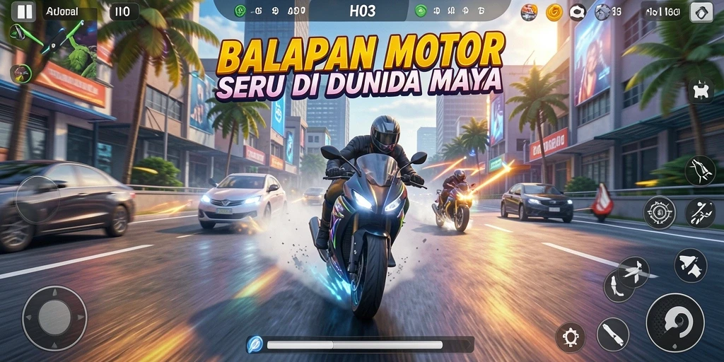 Screenshot H03 menampilkan aksi balapan motor yang mendebarkan.
