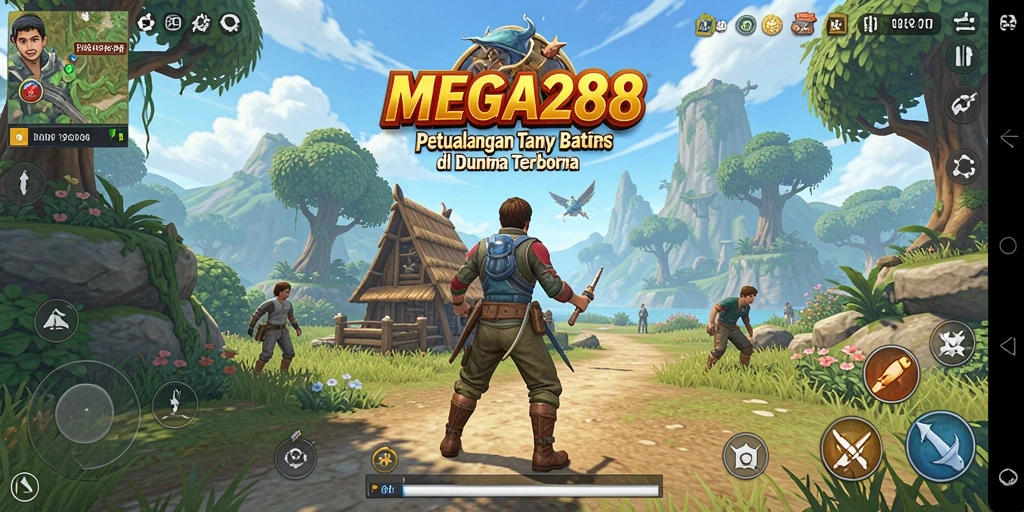 Tangkapan layar gameplay MEGA288 yang menunjukkan kebebasan eksplorasi dunia terbuka.
