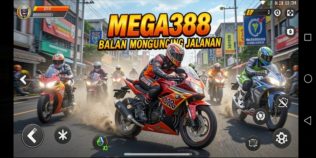 Tampilan utama gameplay MEGA388 dengan balapan motor yang seru.
