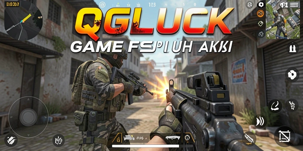 Tangkapan layar menunjukkan aksi menegangkan dalam permainan FPS QGLUCK.